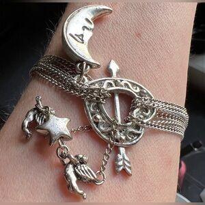 Vintage Multistrand Silvertone Chain Heart Angel Moon Charm Bracelet 8” GUC